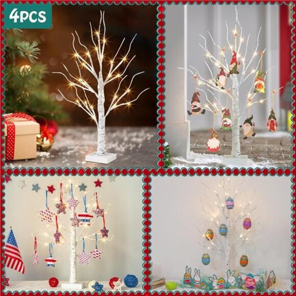 Christmas Tree Decorations, White Birch Tree with LED Lights- Set of 4 - Picture 3 of 14